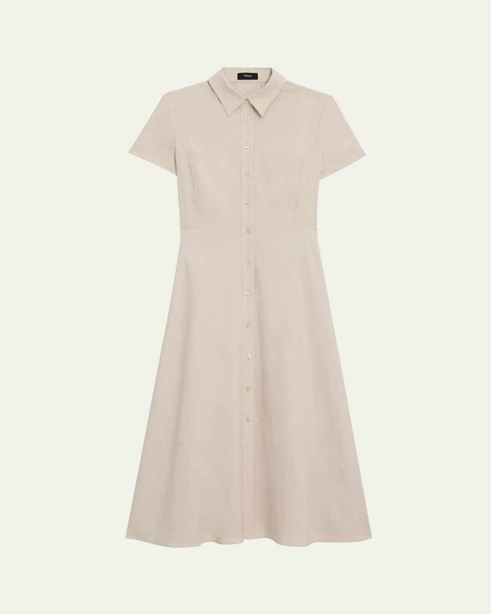 Good Linen Short-Sleeve Button-Front Midi Shirt Dress